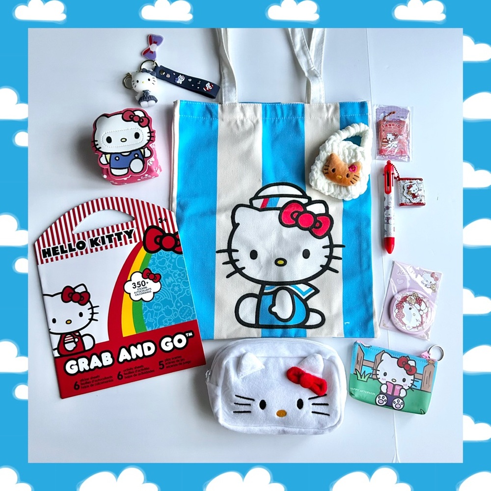 โค๏ธ(HK0020) Hello Kitty Loverโs Adorable Blue & White Tote 10-Piece Fun Bundle!